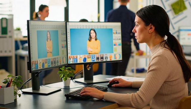 Creative editor working on portrait retouching on dual monitors in modern open-plan office
