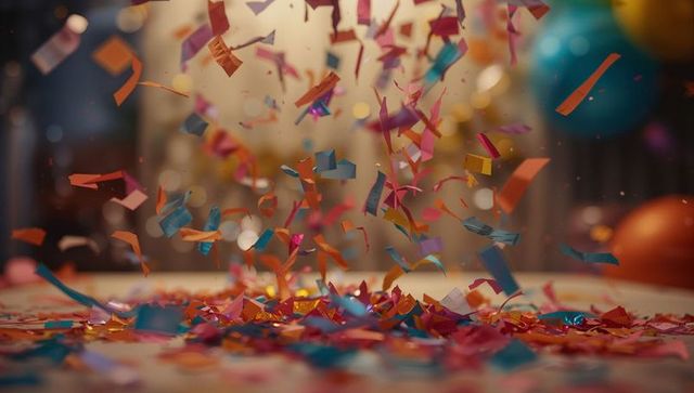 Colorful confetti falling in festive party setting