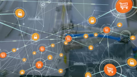 Digital Network Animation with Shopping and Security Icons