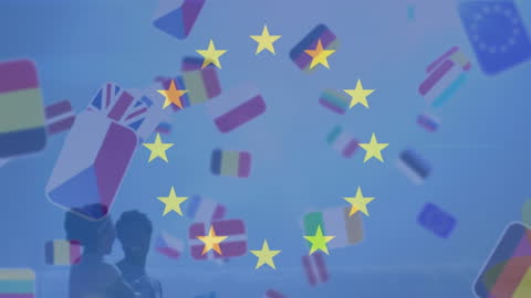 European Flags Animation with Silhouetted Couple