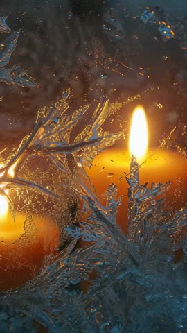 Flickering Candle Flame Casting Warm Glow Through Frosted Pane with Crystalline Ice