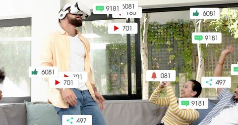 Man wearing vr headset reacting on couch while friends filming and social media alerts