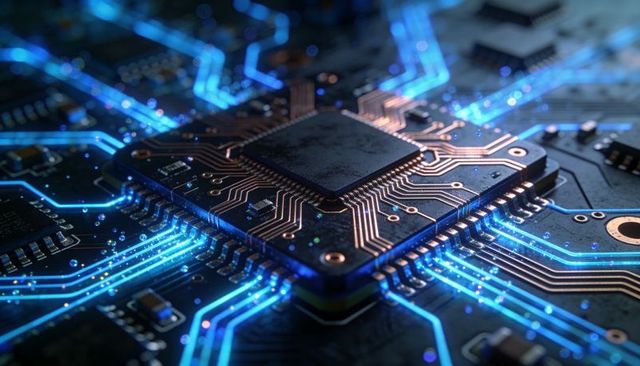 Microchip powering glowing neon blue circuit traces on dark printed circuit board