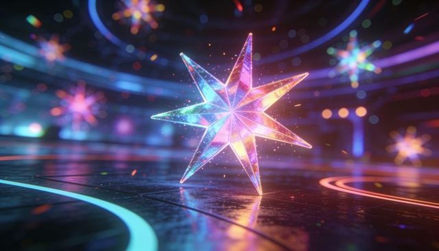 Glowing faceted star hovering on neon futuristic stage with holographic prism glow