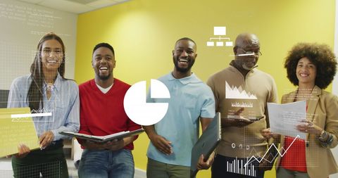 Diverse Team with Digital Financial Data Overlay in Modern Office