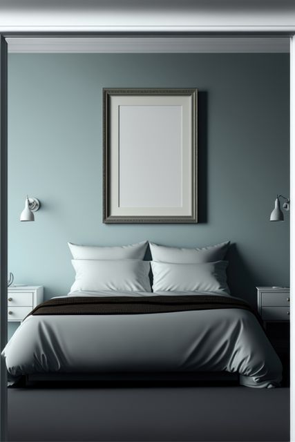 Modern minimalist bedroom with cozy bed, wall sconces, and elegant framed artwork. Inviting and relaxing atmosphere perfect for interior design inspiration, home decor concepts, and real estate listings.