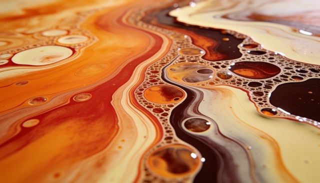 Amber cream fluid marble with bubbles and swirls, macro abstract liquid texture, foam gloss