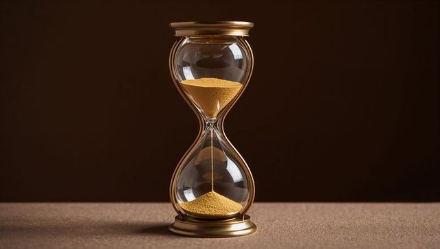 Golden hourglass with fine sand under dramatic lighting