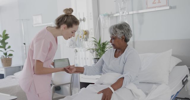 Healthcare professional checking vital signs of elderly patient in clinical hospital room. Scene illustrating medical care, patient monitoring, and hospital procedures. Useful for healthcare, medical, caregiving, elderly care, and hospital-related projects.