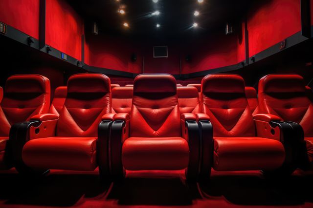Empty red seats fill a modern movie theater, with copy space. Vibrant colors and plush seating invite viewers for an immersive cinematic experience.