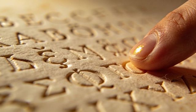 Fingertip pressing embossed alphabet on textured paperboard for tactile reading and design