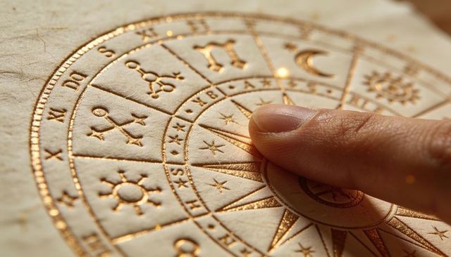 Finger pressing embossed gold zodiac wheel on parchment macro astrological compass