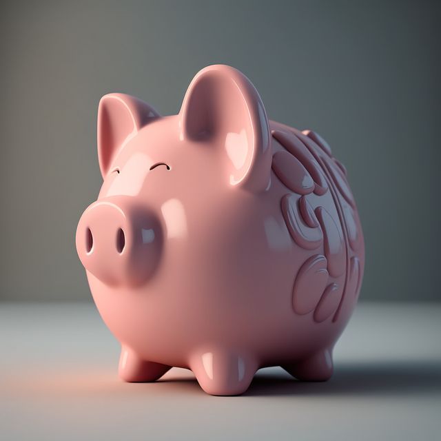 Pink ceramic piggy bank with glossy finish on minimalist grey background. Ideal for themes of personal finance, savings, investments, money management, children learning to save, banking and financial planning.