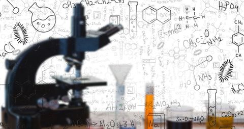 microscope and test tubes with floating chemical formulas - Download Free Stock Images Pikwizard.com