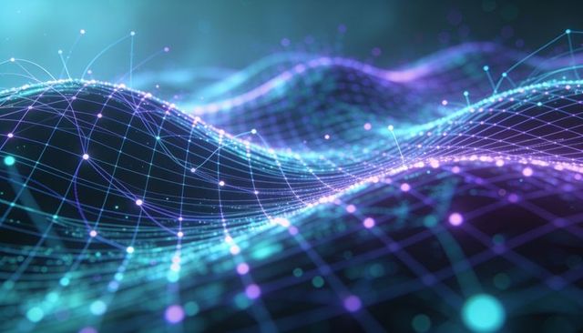 Pulsing neon data waveform rippling with glowing network nodes and flowing light trails