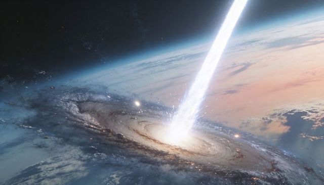 Piercing blue-white energy beam striking spiral accretion disk above planet limb