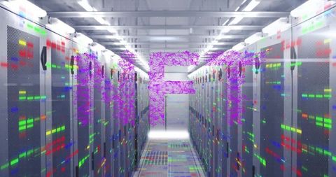 Futuristic Data Center Corridor with Vibrant LED Lights and Digital Glitch Overlay