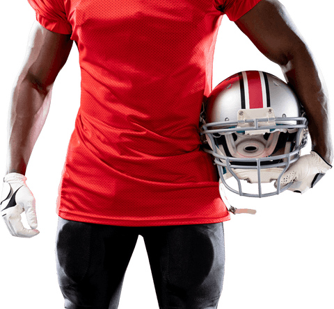 Transparent football player holding helmet in red jersey