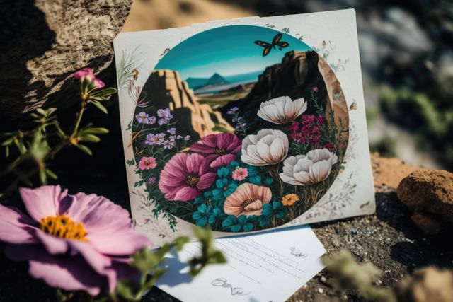Colorful illustration showcasing a variety of blooming flowers and a butterfly in a nature-inspired setting. Ideal for use in marketing materials, greeting cards, environmental campaigns, or home decor projects focusing on natural beauty and artistic expression.