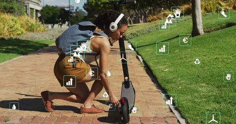 Sustainable travel with eco-friendly scooter and environmental icons