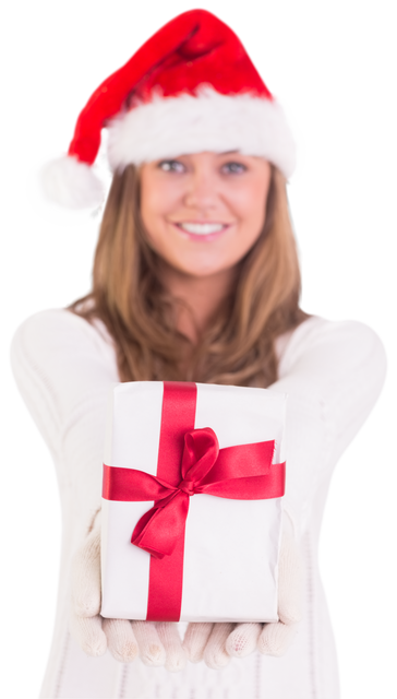 Smiling Woman in Santa Hat Offering Gift on Transparent Background - Download Free Stock Videos Pikwizard.com