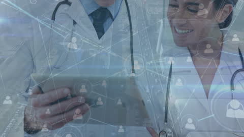 Doctors Using Digital Tablet Amid Network Connections and Cityscape