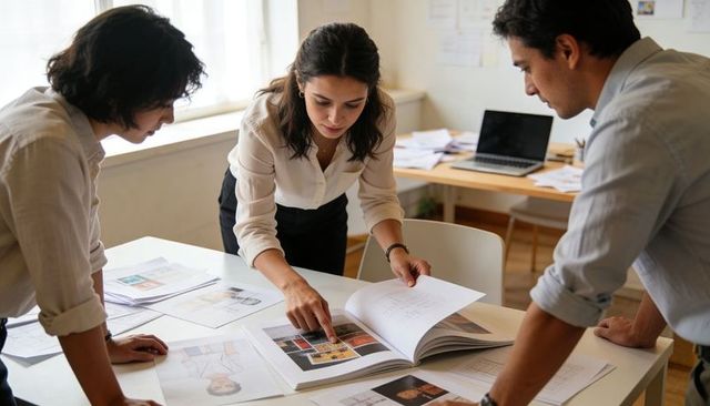 Creative Team Collaborating on Design Portfolio and Print Mockups Around Office Table