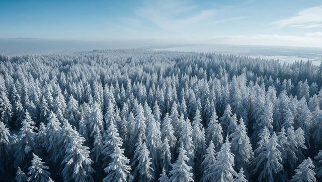 Aerial panorama of snowy spruce canopy stretching over frost-covered boreal landscape
