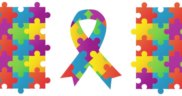 Colorful autism awareness ribbon with puzzle pieces. This symbolic design promotes autism awareness and support. Ideal for use in advocacy campaigns, educational materials, social media posts, and events promoting autism acceptance and support.
