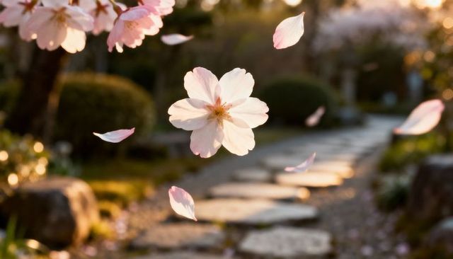Floating cherry blossom petals drifting over soft sunlit garden stone path at golden hour