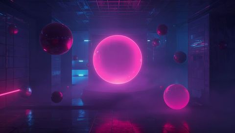 Glowing magenta orb on pedestal with floating reflective spheres in neon cyberpunk room
