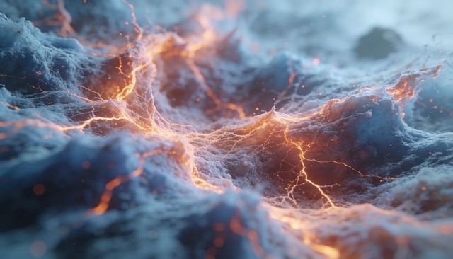 Glowing molten veins threading icy foam landscape, abstract neural fissure closeup