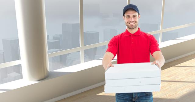 Digital composite of Happy delivery man giving pizza boxes