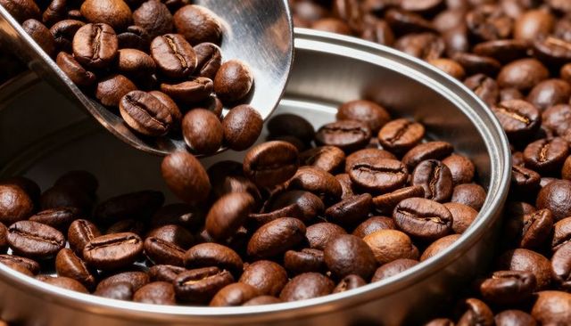 Scooping medium-dark roast coffee beans into shiny tin for packaging and branding