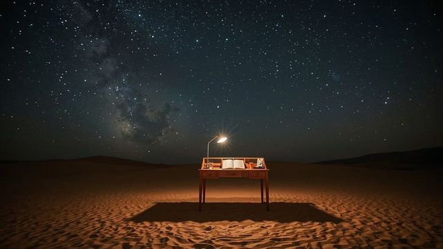 Desk under starry night sky in desert landscape