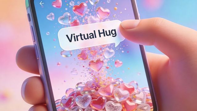 Tapping virtual hug sending sparkling hearts and confetti from smartphone screen