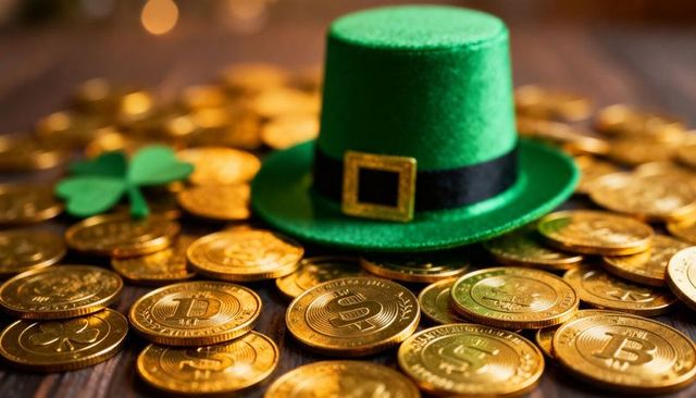 St Patrick's leprechaun hat resting on gold coins with shamrock and bitcoin tokens