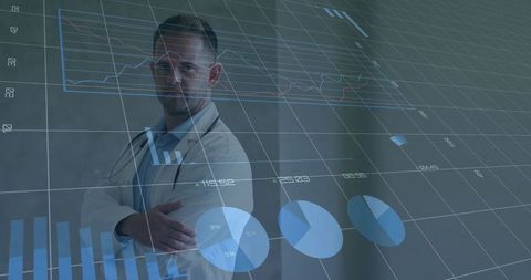 Medical professional analyzing futuristic data overlays