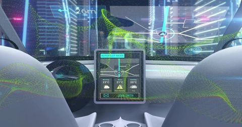 Futuristic Self-Driving Car Cockpit Displaying Holographic HUD and Autopilot Interface