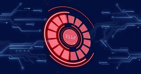 Futuristic digital interface with circular scanner on circuit board
