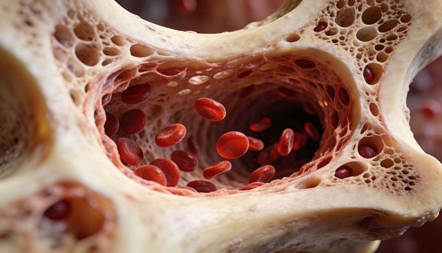 Displaying bone marrow cavity with flowing red blood cells inside porous trabecular bone