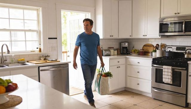 Man carrying reusable grocery tote into bright white kitchen, sustainable lifestyle