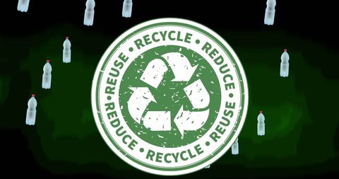 Recycling Symbol with Floating Plastic Bottles on Green Background