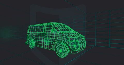Showcasing neon wireframe van in futuristic 3D grid showroom