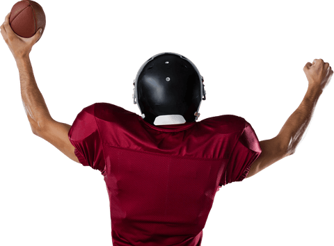 American football player holding ball back view transparent png