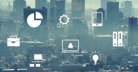 digital business icons overlaying metropolitan skyline - Download Free Stock Images Pikwizard.com