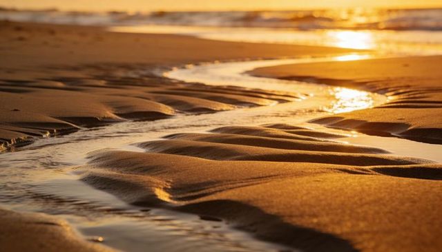 Golden sunset illuminating rippled wet sand and winding tidal stream on tranquil beach