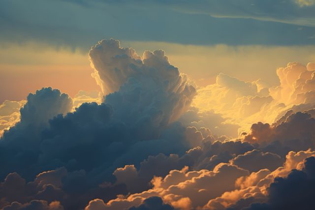 Depicts towering clouds illuminated by the setting sun with vibrant colors that create a serene and majestic atmosphere. This image is ideal for use in digital backgrounds, screensavers, inspirational wall art, and nature-themed projects.