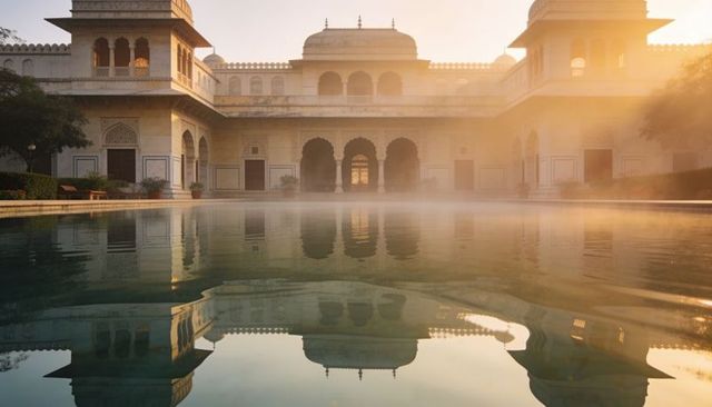Mughal palace courtyard reflecting pool, golden sunlight and morning mist mirroring domes