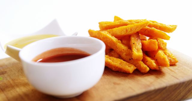 A serving of crispy sweet potato fries is paired with small bowls of dipping sauce, with copy space. Sweet potato fries offer a healthier alternative to regular fries and have become a popular snack or side dish.